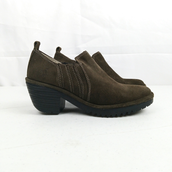 Fly London Wate Bootie Heel Women Size 37 US 6.5/7 Olive Green Suede Leather - Picture 2 of 11